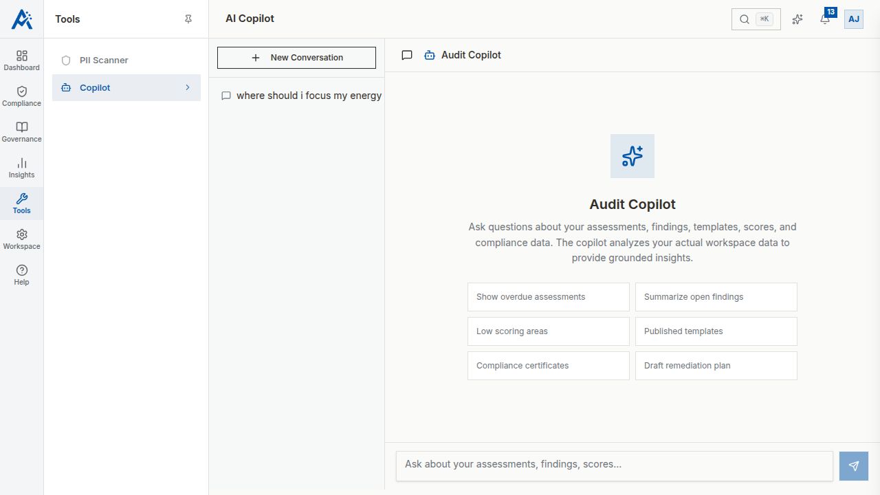 The AI Copilot interface with suggested prompts like