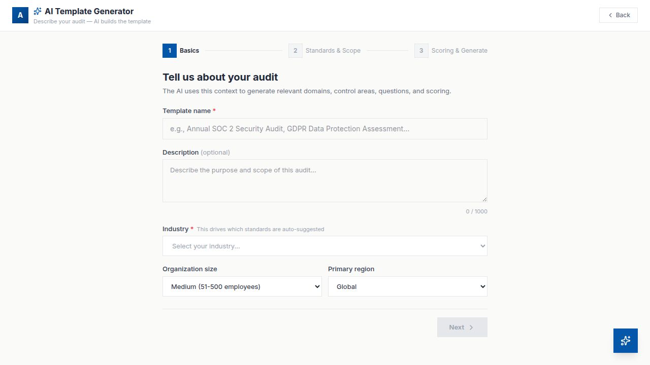The AI Template Generator wizard where you describe your audit scope and let AI build the template