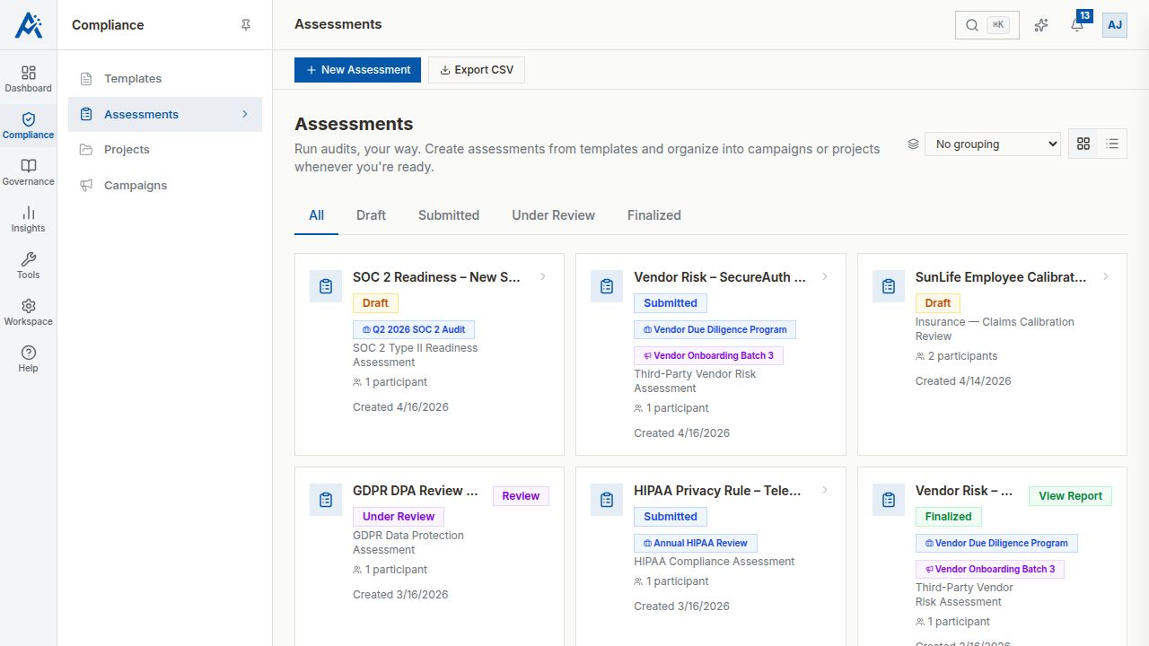 The Assessments page with the 