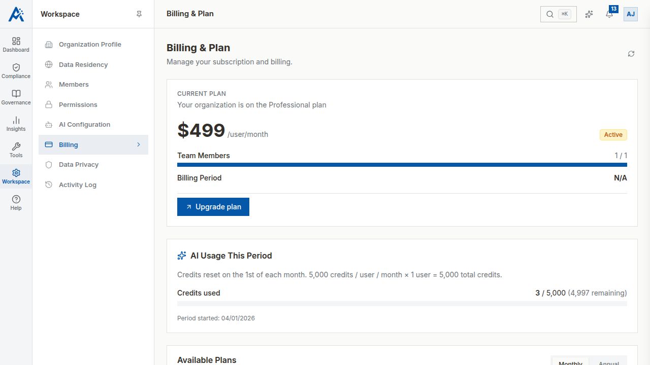 The Billing and Plan page showing your current subscription, usage details, and upgrade options
