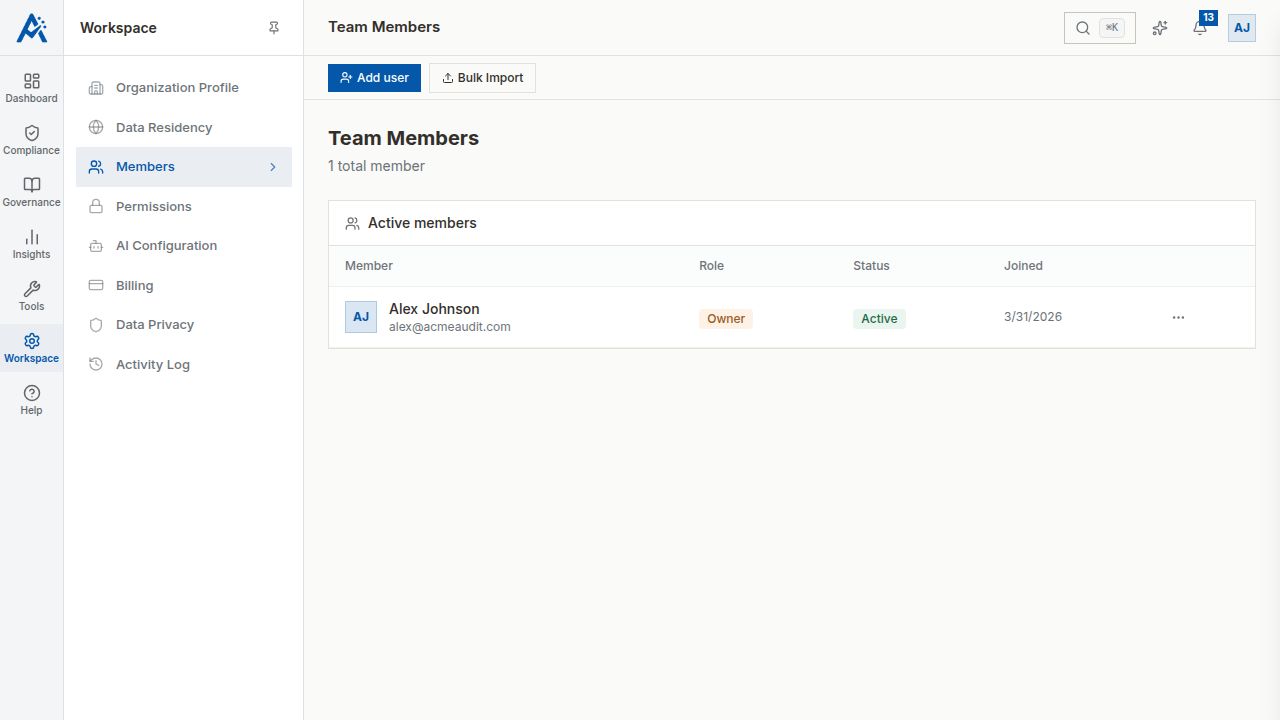 The Team Members page showing active members with their roles, status, and management options