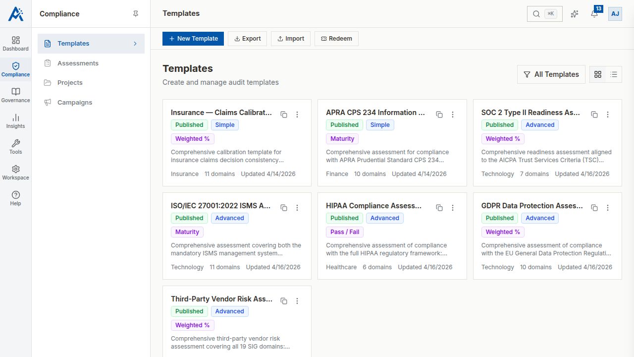 The Templates page showing published templates for SOC 2, ISO 27001, HIPAA, GDPR, and Vendor Risk assessments