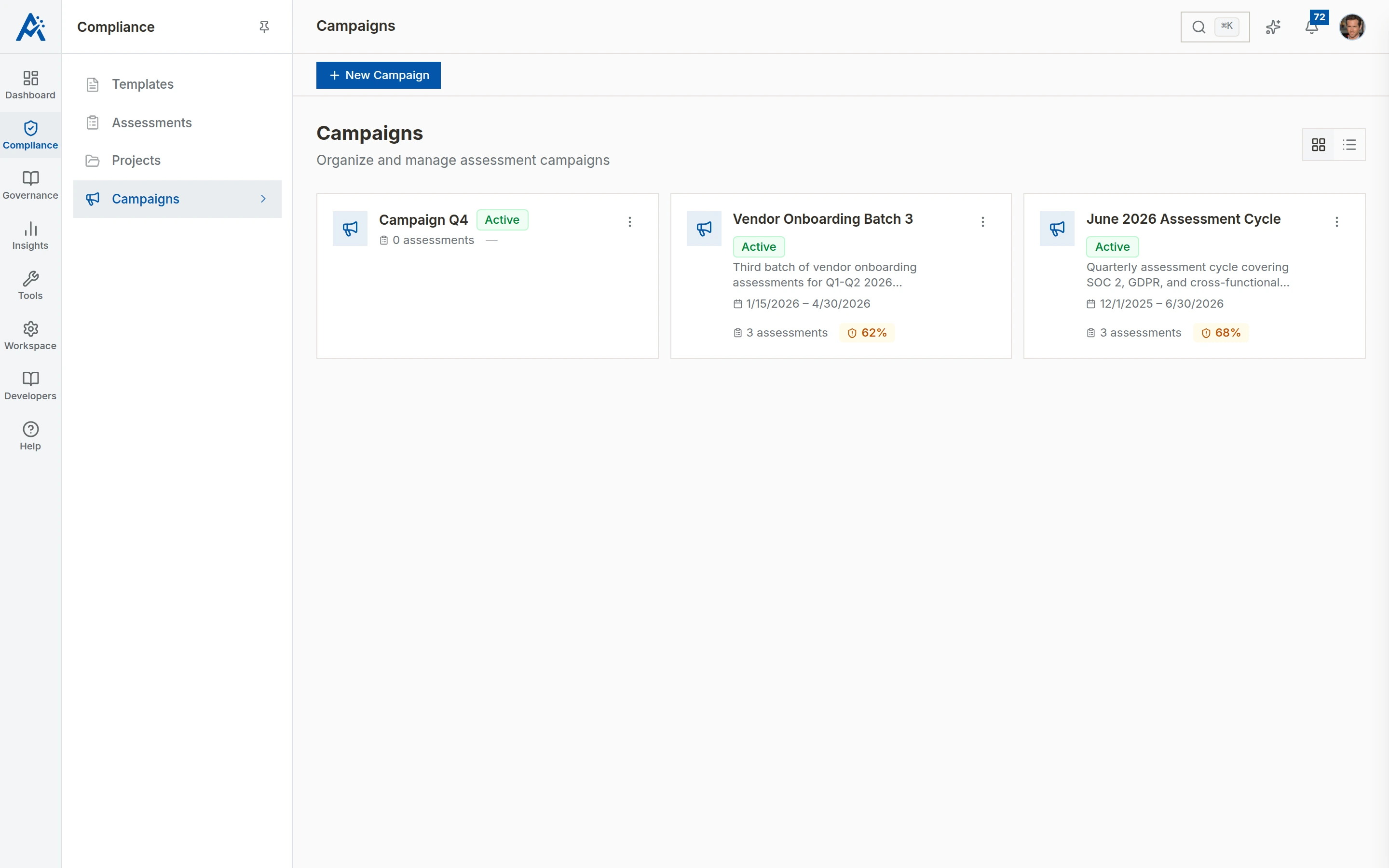 Campaigns library listing Q4, vendor onboarding, and quarterly assessment cycles with active status, scheduled date ranges, and progress.